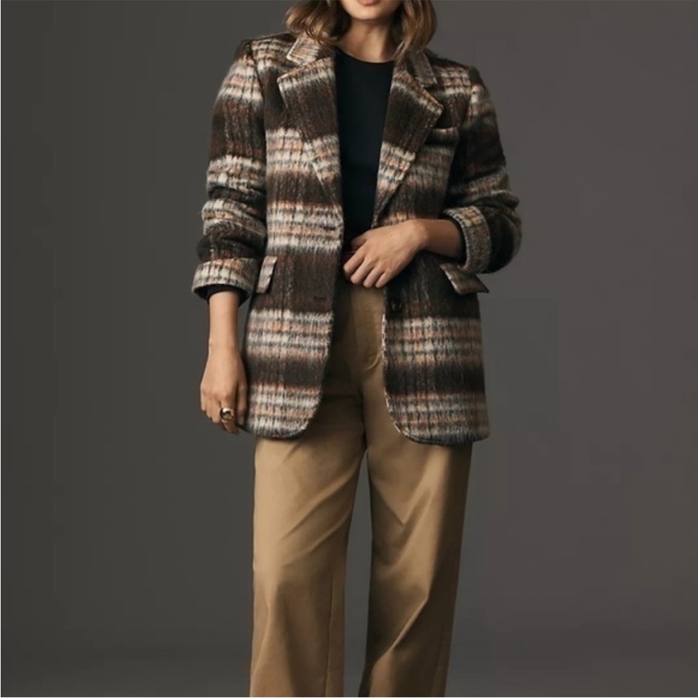 Maeve Brushed Plaid Blazer Wool Blend NWT Size XL Brown Orange White Oversized
